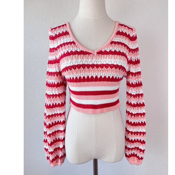 Altar'd State Sweaters - Altar'd State Pink Striped Cropped Crochet Sweater Cotton size XS